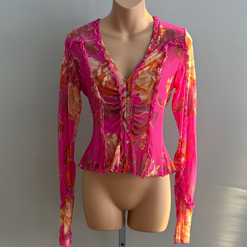 Women's Free People Pink Floral Button-Front  Boho Mesh Top Size SP